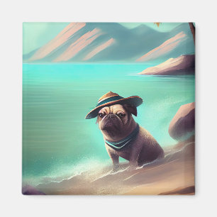 Mops genietend op het strand schilderend kunst magneet