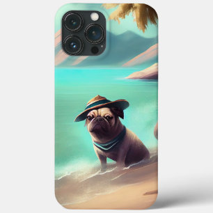 Mops genietend van strand schilderen kunst iPhone 13 pro max hoesje