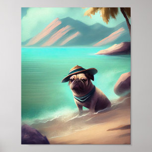 Mops genietend van strand schilderen kunst poster