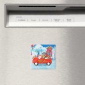 Mops hond Kerstbezorgingswagen Sneeuw Magneet (Insitu (Vaatwasser))