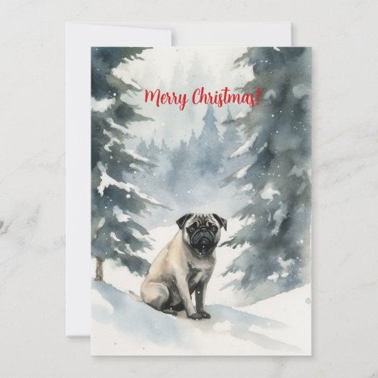 Mops in de sneeuw aquarel Kerstmis Feestdagenkaart (Voorkant)