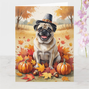 Mops in herfstbladeren Thanksgiving Kunst Kaart