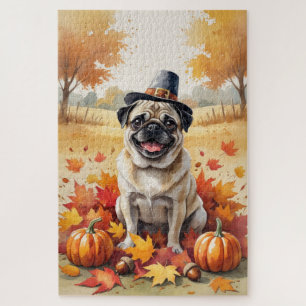 Mops in herfstbladeren Thanksgiving Kunst Legpuzzel