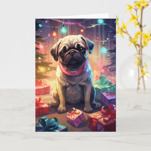 Mops in kerstpyjama bij de kerstboom kaart