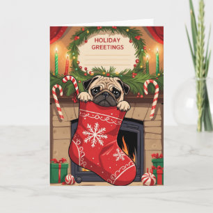 Mops in Kerstsok Vakantietekening Kunst Kaart