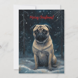 Mops in Sneeuw Aquarel Kerstmis Feestdagenkaart