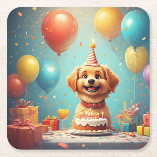 Mopshond die verjaardagsfeest viert met cake vierkante kartonnen onderzetter
