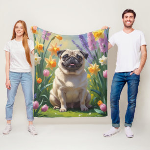 Mopshond Lente Bloemen Schilderij Fleece Deken