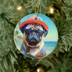 Mopshond op Strand, zomer cadeau voor hondenliefhe Keramisch Ornament