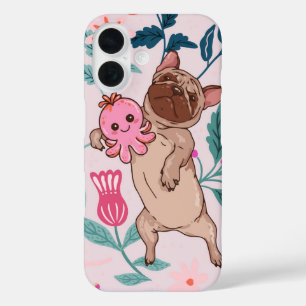 Mopshond & Roze Octopus Speelse Hond Bloemen iPhone 16 Hoesje