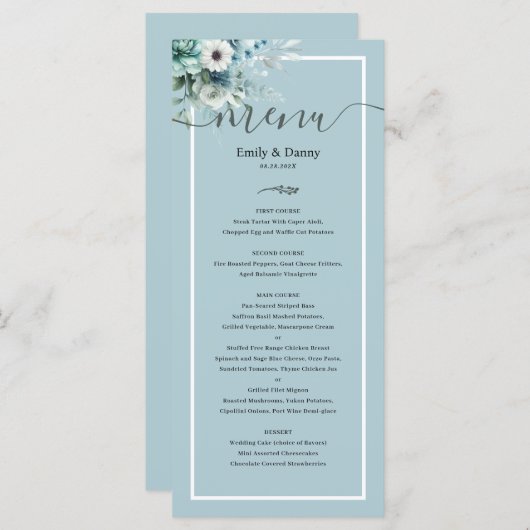 Morandi Ash Blue Elegant Botanique Mariage Menu (Devant / Derrière)