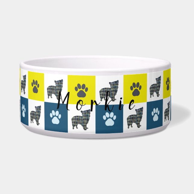 Morkie Dog & Paw Yellow & Blue Grid Dog Bowl Voerbakje (Voorkant)