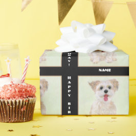 Morkie Dog-werkpapier op zwart met tekst Cadeaupapier