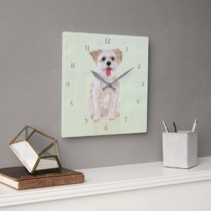 Morkie Hond Vierkante Acryl Wandklok Met Cijfers Klok