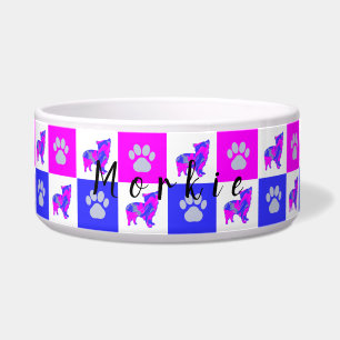 Morkie Terrier Dog & Paw Hot Pink & Blue Pet Bowl Voerbakje
