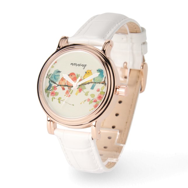 Morning Bird Roos Gold  White Strap Horloge (Hoek)