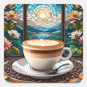 Morning Coffee Glas in lood Vierkante Sticker