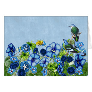 Morning Glory Garden met Green Cochoa Birds