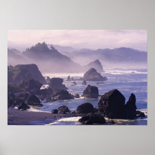 Morning mist langs de kust van Oregon bij Nesika, Poster