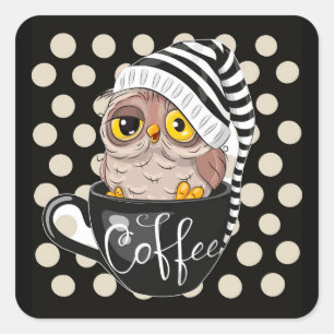 Morning Owl Black Tan Polka Dots Vierkante Sticker