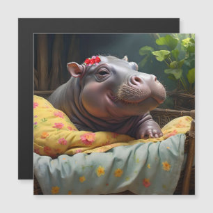 Morning Snuggles: Baby Hippo ontwaakt in een mand,