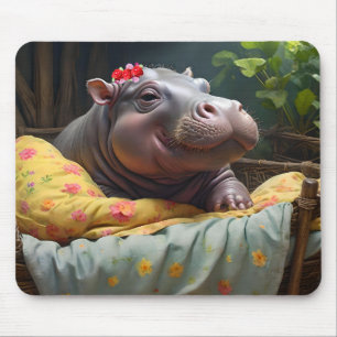 Morning Snuggles: Baby Hippo ontwaakt in een mand, Muismat