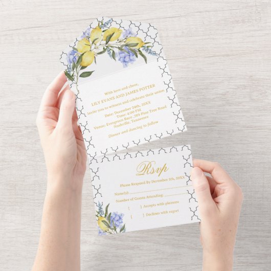 Moroccan Pattern Mediterranean Lemon Wedding  All In One Uitnodiging (Afscheurbaar)