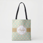 Moroccan Quatrefoil Pattern Gold Mint Monogram Tote Bag (Voorkant)