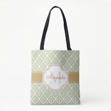 Moroccan Quatrefoil Pattern Gold Mint Monogram