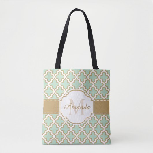 Moroccan Quatrefoil Pattern Gold Mint Monogram Tote Bag (Voorkant)