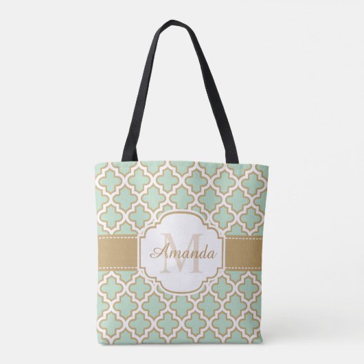 Moroccan Quatrefoil Pattern Gold Mint Monogram Tote Bag (Achterkant)