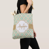 Moroccan Quatrefoil Pattern Gold Mint Monogram Tote Bag (Dichtbij)