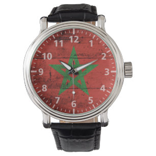Morocco Flag on Old Wood Grain Horloge