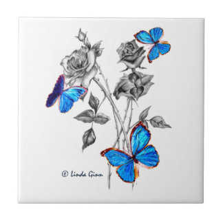 Morph Butterflies on Black and White Roses Tiles Tegeltje