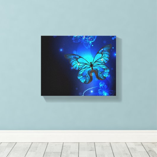 Morpho Butterfly in de donkere achtergrond Canvas Afdruk (Insitu (Houten vloer))