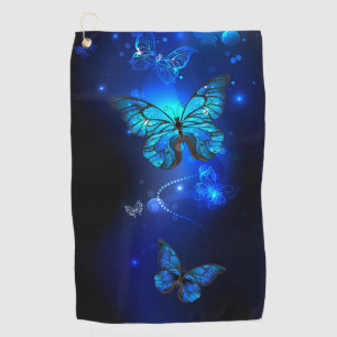 Morpho Butterfly in de donkere achtergrond Golfhanddoek