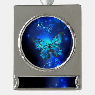 Morpho Vlinder op Donkere Achtergrond Verzilverd Banner Ornament