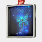 Morpho Vlinder op een Donkere Achtergrond Metalen Ornament (Links)