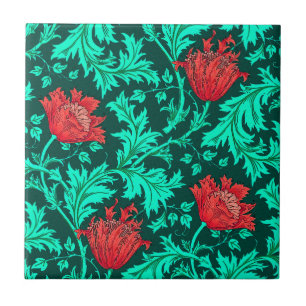 Morris Anemone Patter, Deep Red en Turquoise Tile Tegeltje