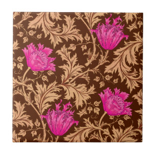 Morris Anemone Pattern Brown and Fuchsia Pink Tile Tegeltje
