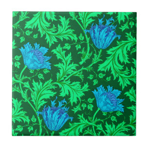 Morris Anemone Pattern, Emerald Green & Blue Tile Tegeltje