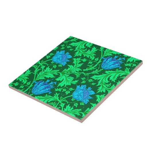 Morris Anemone Pattern, Emerald Green & Blue Tile Tegeltje (Zijkant)