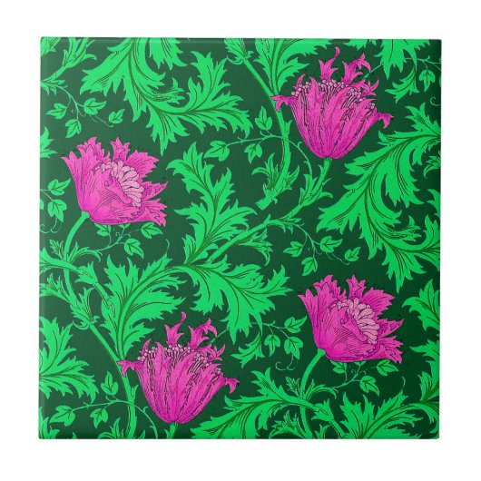 Morris Anemone Pattern, Emerald Green en Fuchsia Tegeltje (Voorkant)