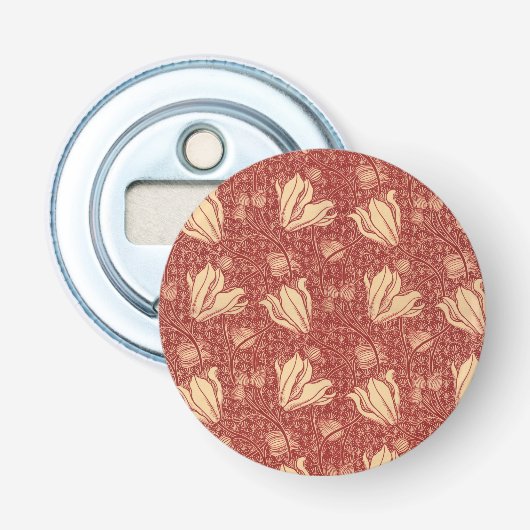 Morris Inspired Lily Flower Botanische rode textie Button Flesopener (Voorkant)