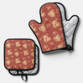 Morris Inspired Lily Flower Botanische rode textie Ovenwant & Pannenlap Set (Voorkant / Achterkant)