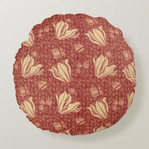 Morris Inspired Lily Flower Botanische rode textie Rond Kussen