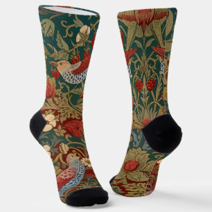 Morris Strawberry Thief Turquoise Groen Rood Bloem Sokken