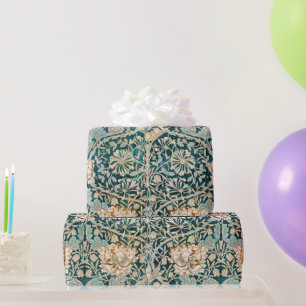 Morris Teal Blau Kamperfoelie Bloem Behang Cadeaupapier
