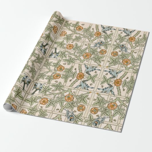 Morris' Trellis -  Flower & Bird Pattern Cadeaupapier (Uitgerold)