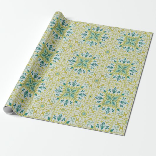 Morris Yellow Turquoise Vine & Flower Pattern Cadeaupapier (Uitgerold)